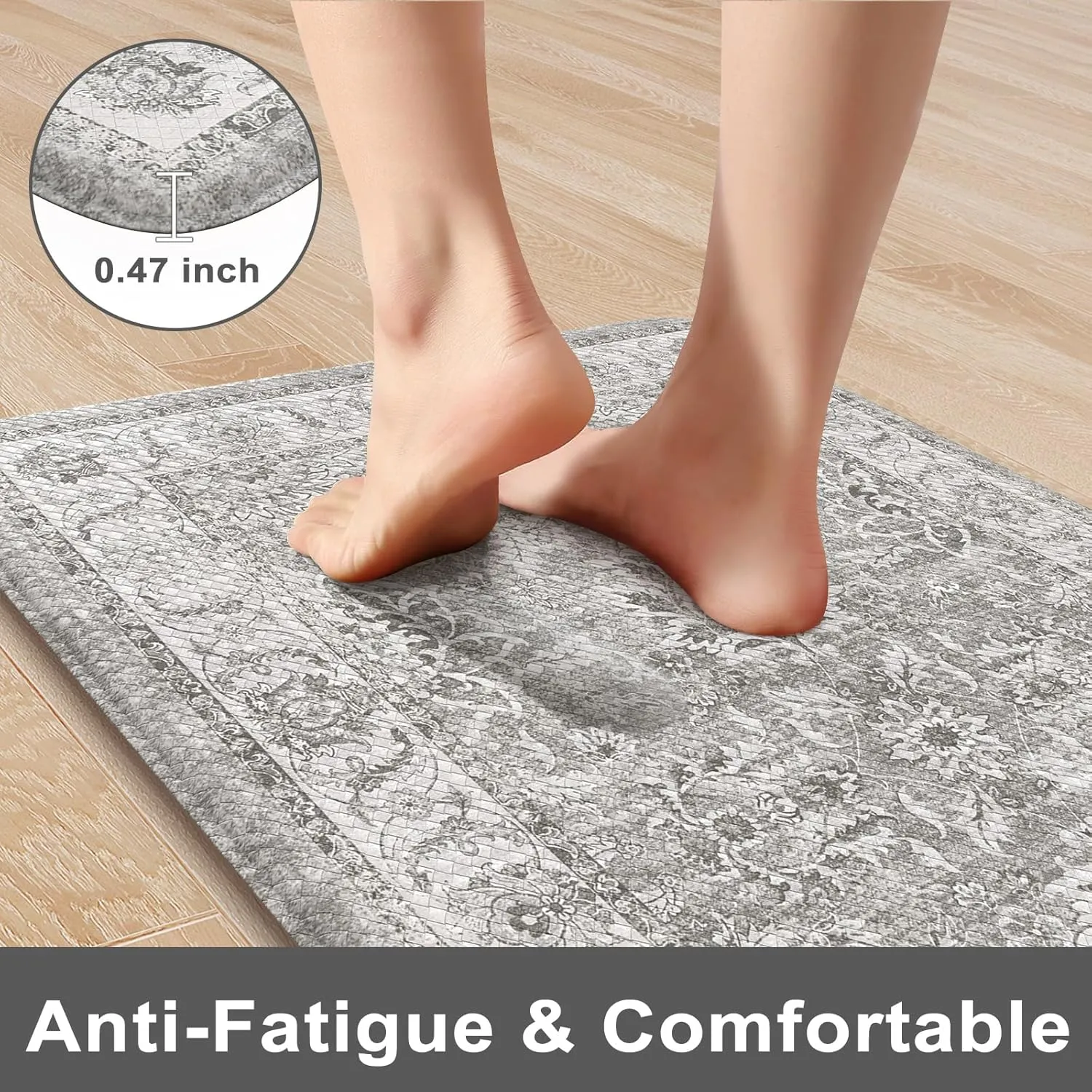 KIMODE Kitchen Mats Cushioned Anti Fatigue 2 PCS, Boho Kitchen Mats Stain Resistant, Standing Kitchen Runner Rug, Non Slip Waterproof Kitchen Sink Floor Mat, 20"x47" 20"x32", Grey