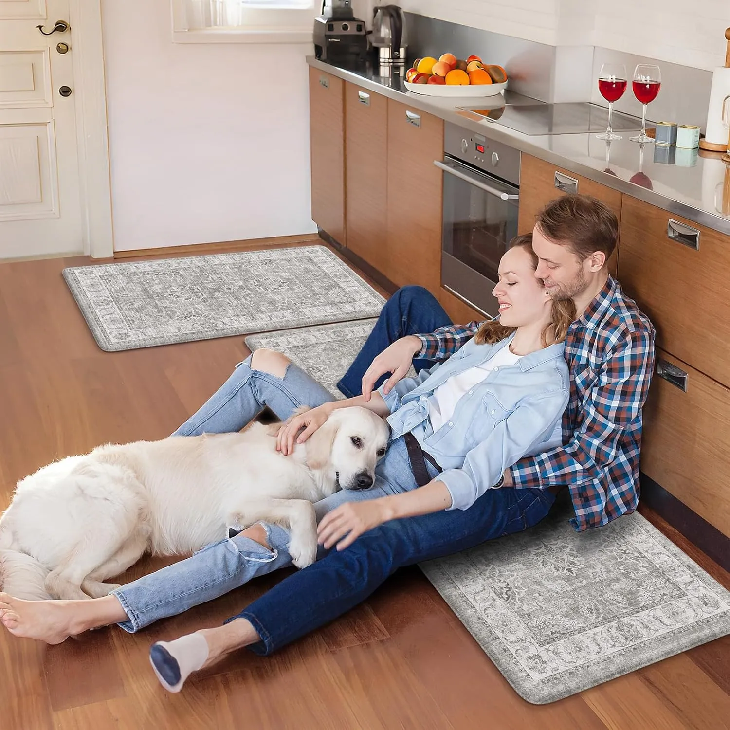 KIMODE Kitchen Mats Cushioned Anti Fatigue 2 PCS, Boho Kitchen Mats Stain Resistant, Standing Kitchen Runner Rug, Non Slip Waterproof Kitchen Sink Floor Mat, 20"x47" 20"x32", Grey