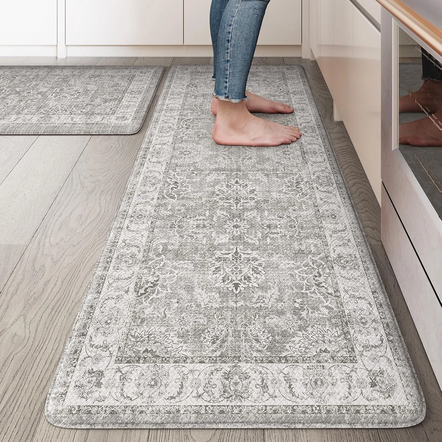 KIMODE Kitchen Mats Cushioned Anti Fatigue 2 PCS, Boho Kitchen Mats Stain Resistant, Standing Kitchen Runner Rug, Non Slip Waterproof Kitchen Sink Floor Mat, 20"x47" 20"x32", Grey