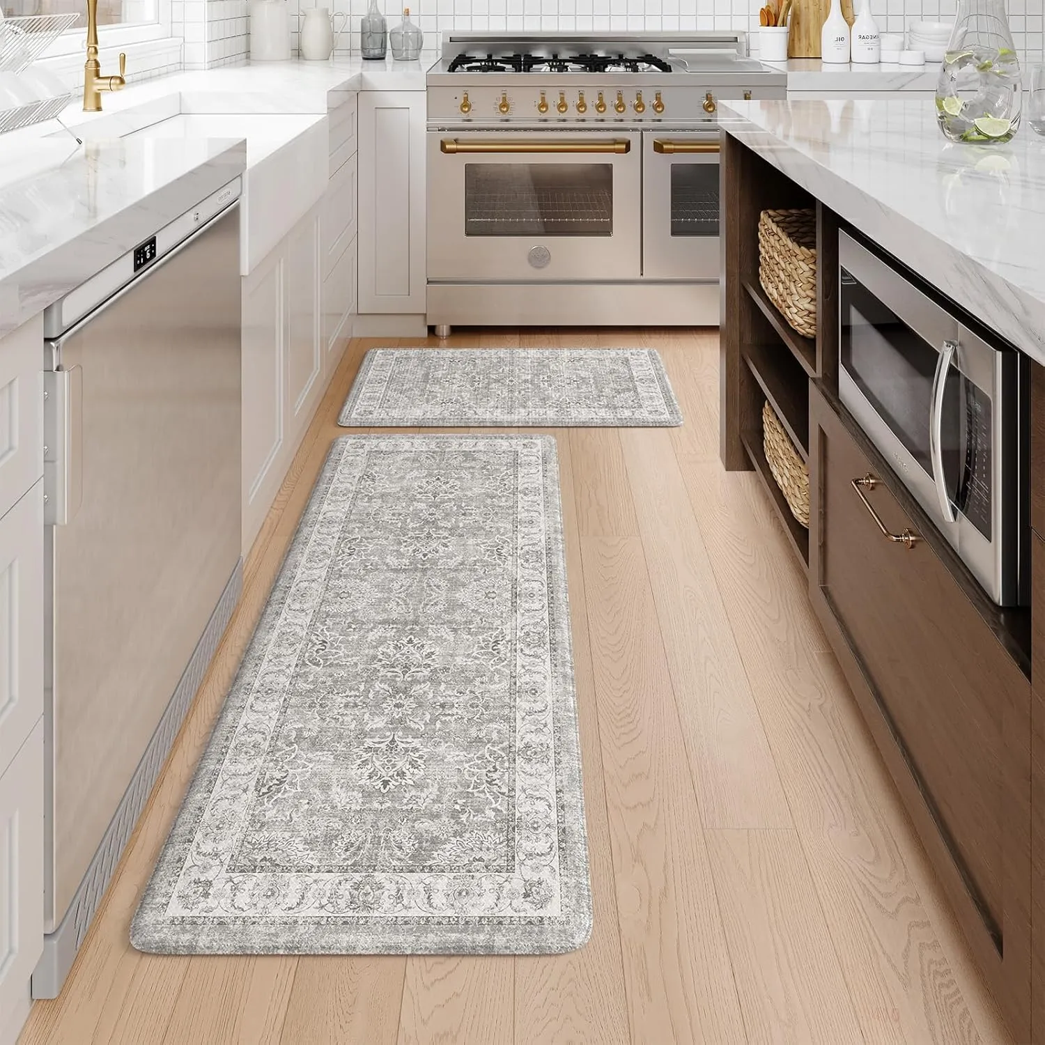 KIMODE Kitchen Mats Cushioned Anti Fatigue 2 PCS, Boho Kitchen Mats Stain Resistant, Standing Kitchen Runner Rug, Non Slip Waterproof Kitchen Sink Floor Mat, 20"x47" 20"x32", Grey