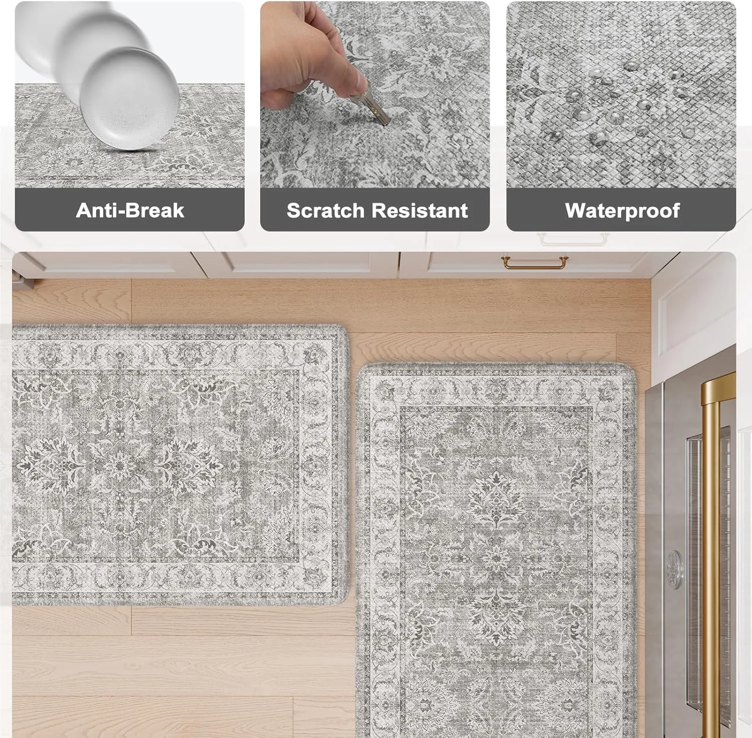 KIMODE Kitchen Mats Cushioned Anti Fatigue 2 PCS, Boho Kitchen Mats Stain Resistant, Standing Kitchen Runner Rug, Non Slip Waterproof Kitchen Sink Floor Mat, 20"x47" 20"x32", Grey