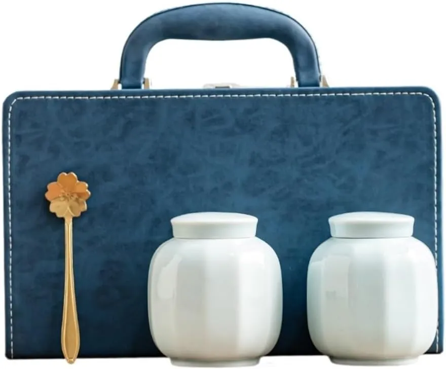 Kitchen Canisters Loose Tea Storage Container Jar Ceramic Sealed Jar Empty Jar with Tea Spoon Tea Set Double Jar Gift Box Set Handbag Tea Storage Containers(C)