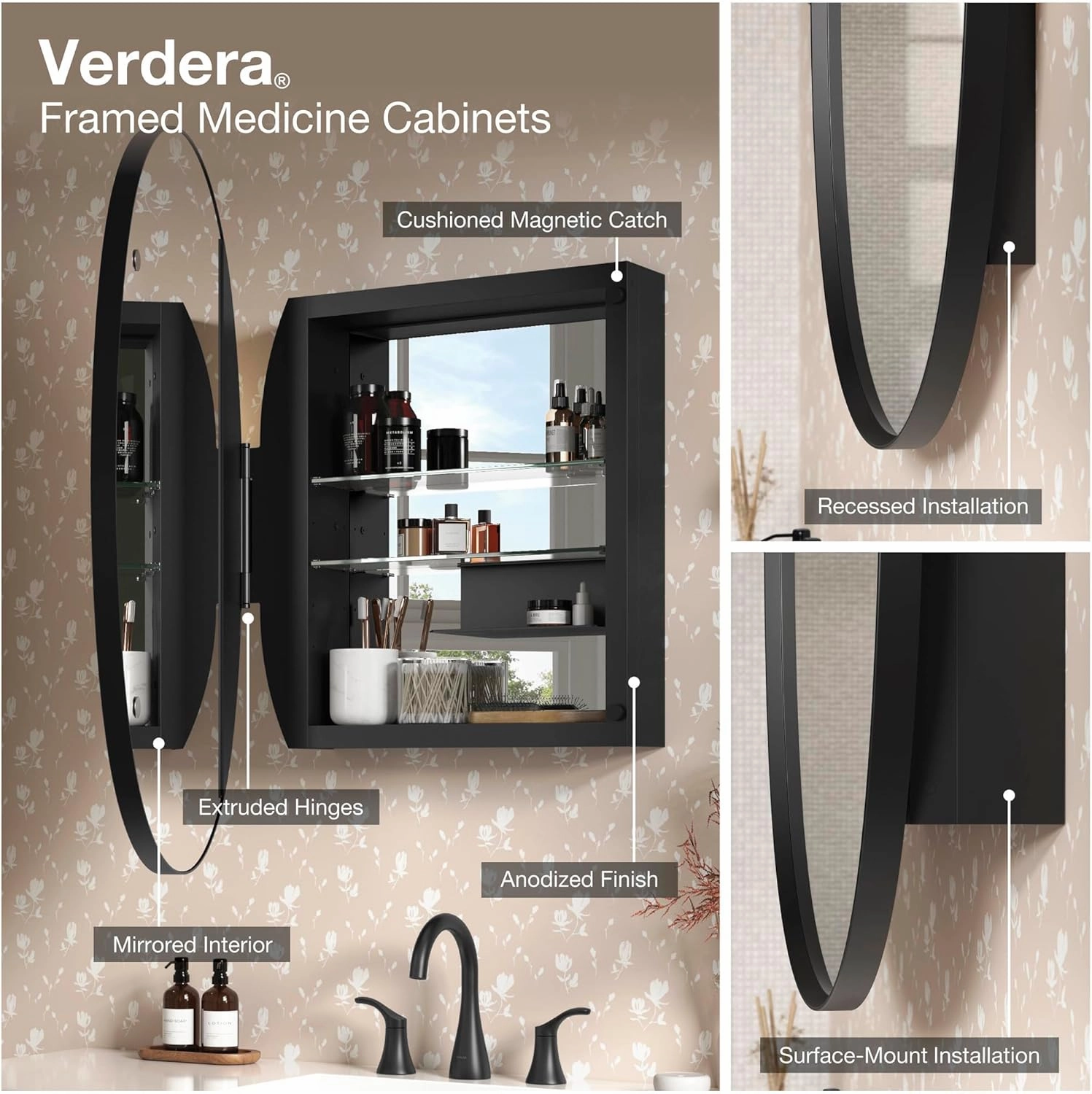 KOHLER Verdera Medicine Cabinet, 15" x 30", Capsule Design, Mirrored Interior, Adjustable Glass Shelves, Rustproof Anodized Aluminum, K-35573-NFC-NA