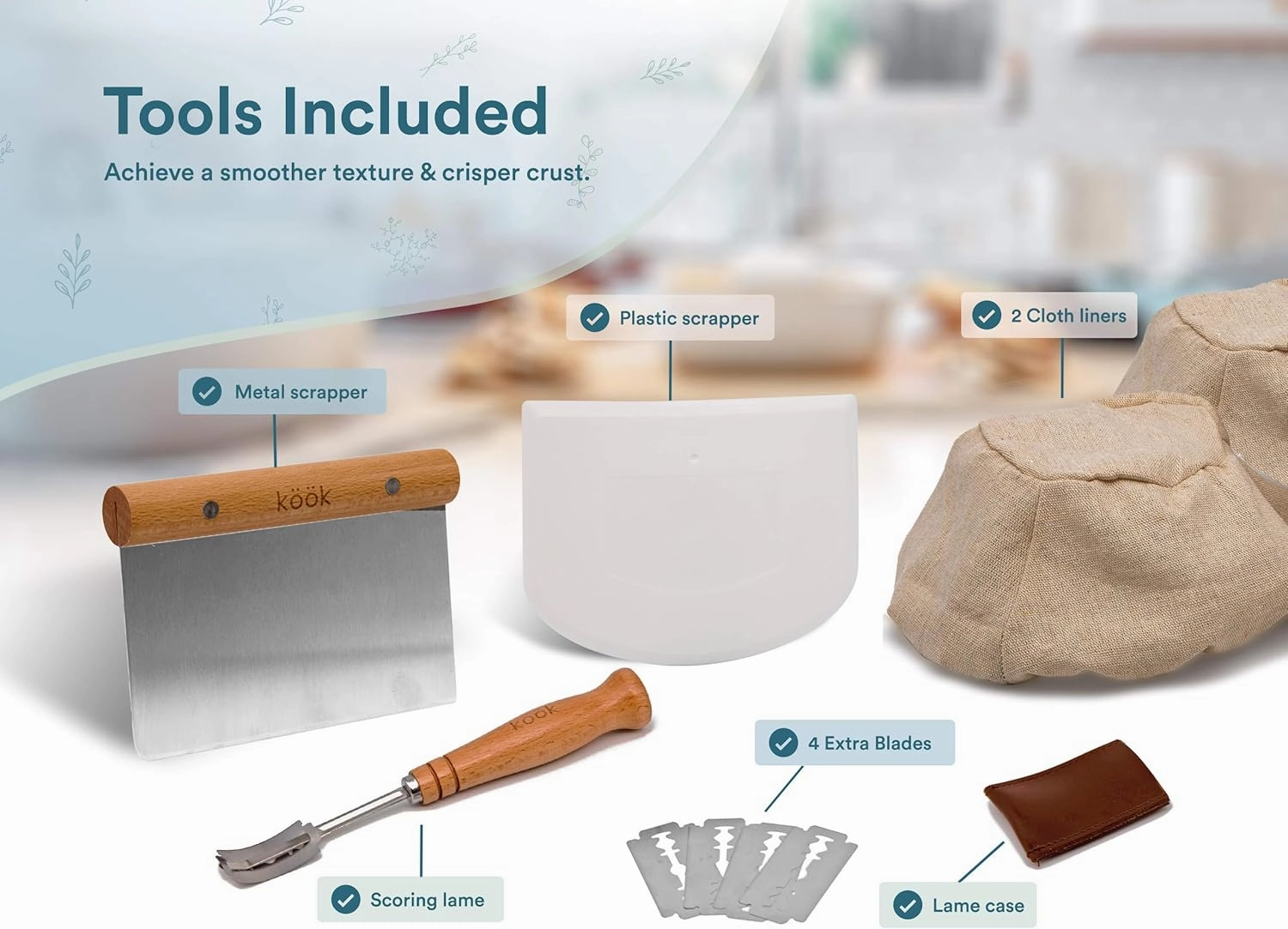 Kook Proofing Set, Sourdough Bread, 2 Rattan 9 Inch Banneton Baskets, 2 Basket Covers, Metal Scraper, Plastic Scraper, Scoring Lame, 5 Blades and Case, Baking Kit, Dough Bowls, Round Shape