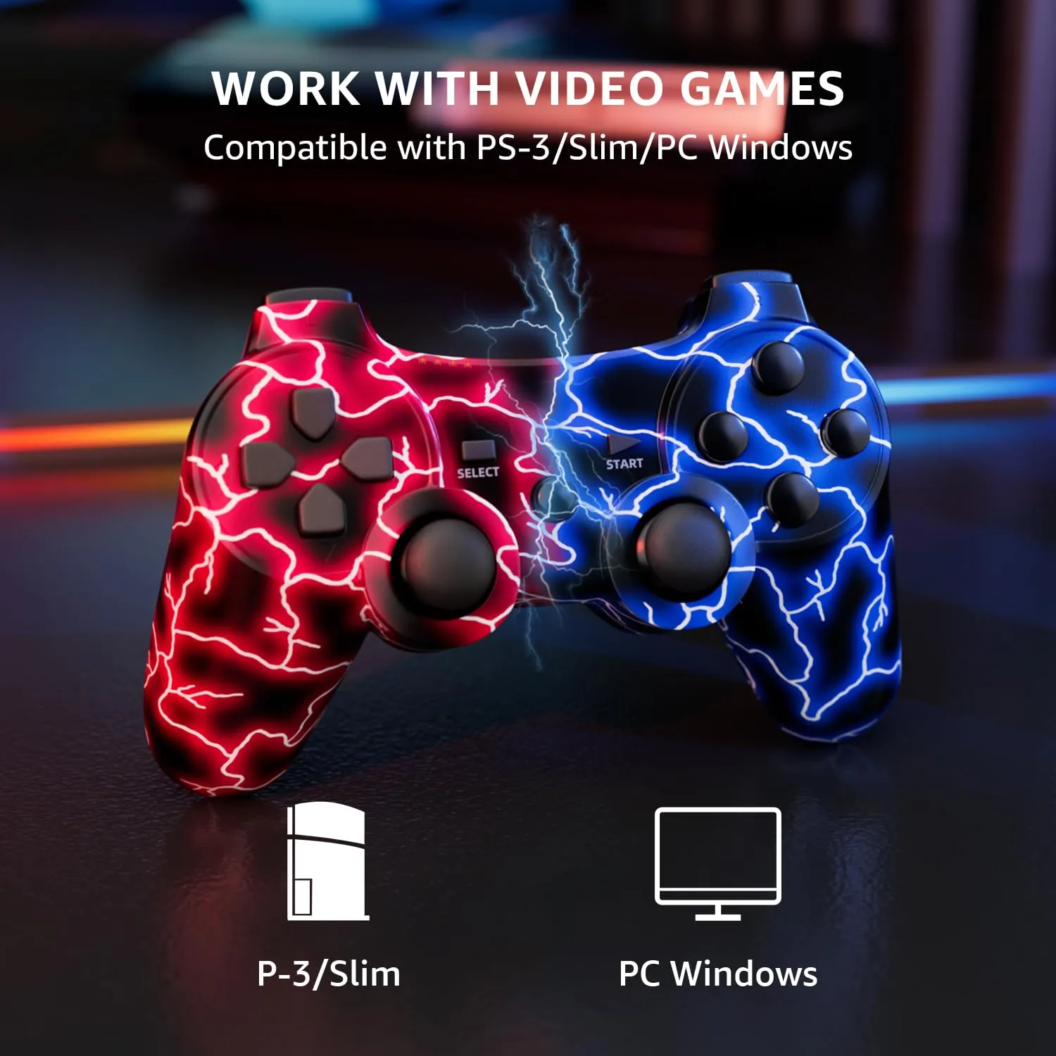 Kujian Controller for PS3, Wireless Controller for Playstation 3 6-axis Dual Vibration Gaming Controller with Charging Cord(Blue Red)