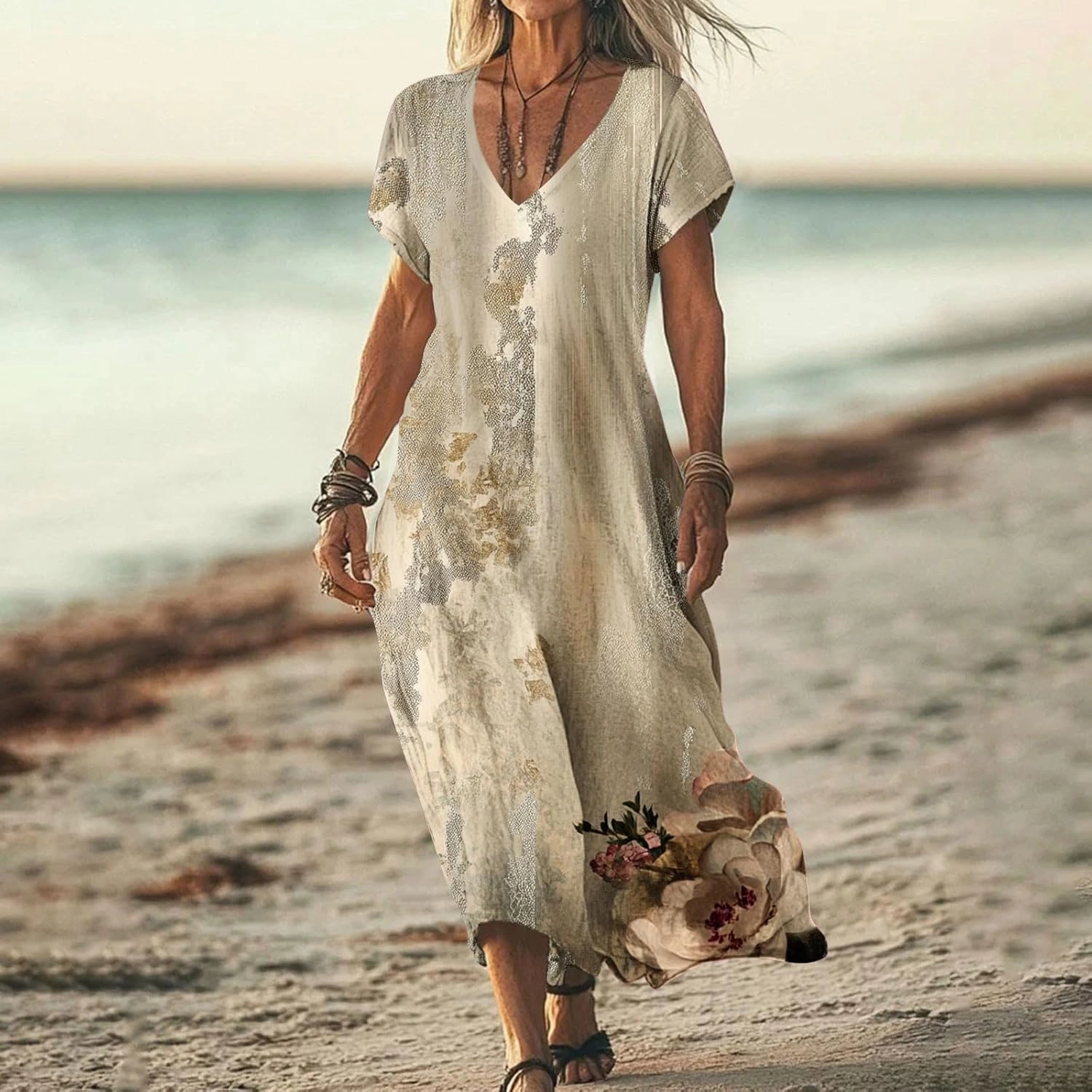 Ladies' Gradient Color Short Sleeve Maxi Dresses Flowy Beach Sundress with Side Pockets Lightweight Stretch Summer Dress