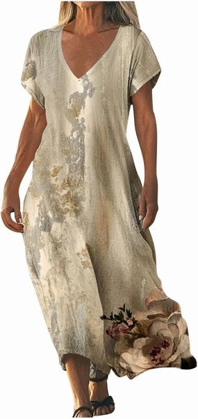 Ladies' Gradient Color Short Sleeve Maxi Dresses Flowy Beach Sundress with Side Pockets Lightweight Stretch Summer Dress