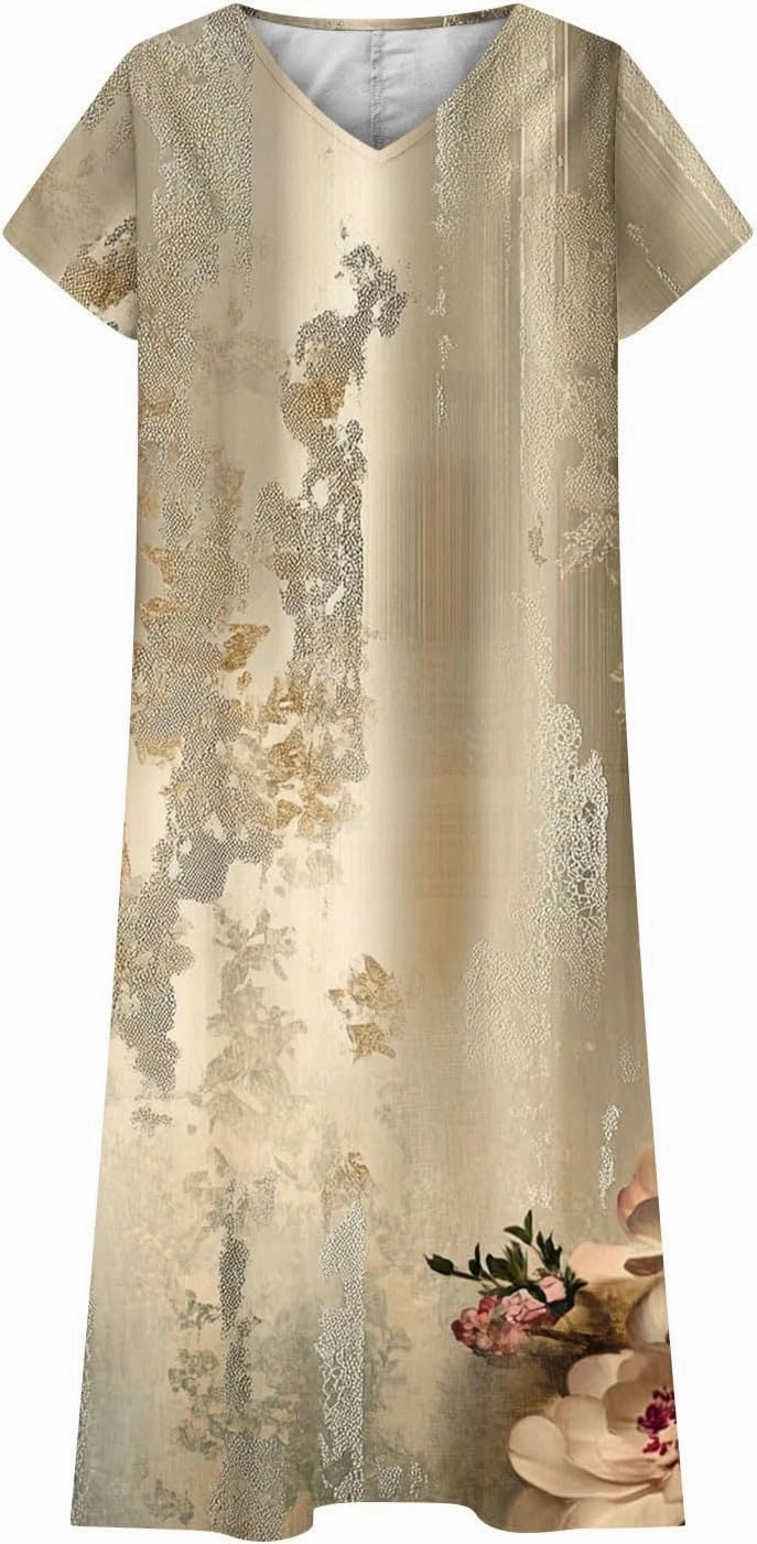 Ladies' Gradient Color Short Sleeve Maxi Dresses Flowy Beach Sundress with Side Pockets Lightweight Stretch Summer Dress