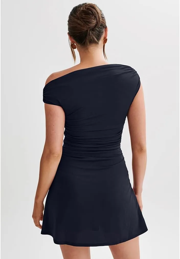 LAGSHIAN Women's Summer Off Shoulder Trendy Ruched Stretch Bodycon Cocktail Party Flare Mini Dress