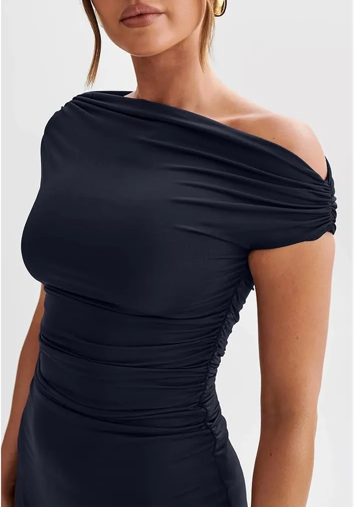 LAGSHIAN Women's Summer Off Shoulder Trendy Ruched Stretch Bodycon Cocktail Party Flare Mini Dress