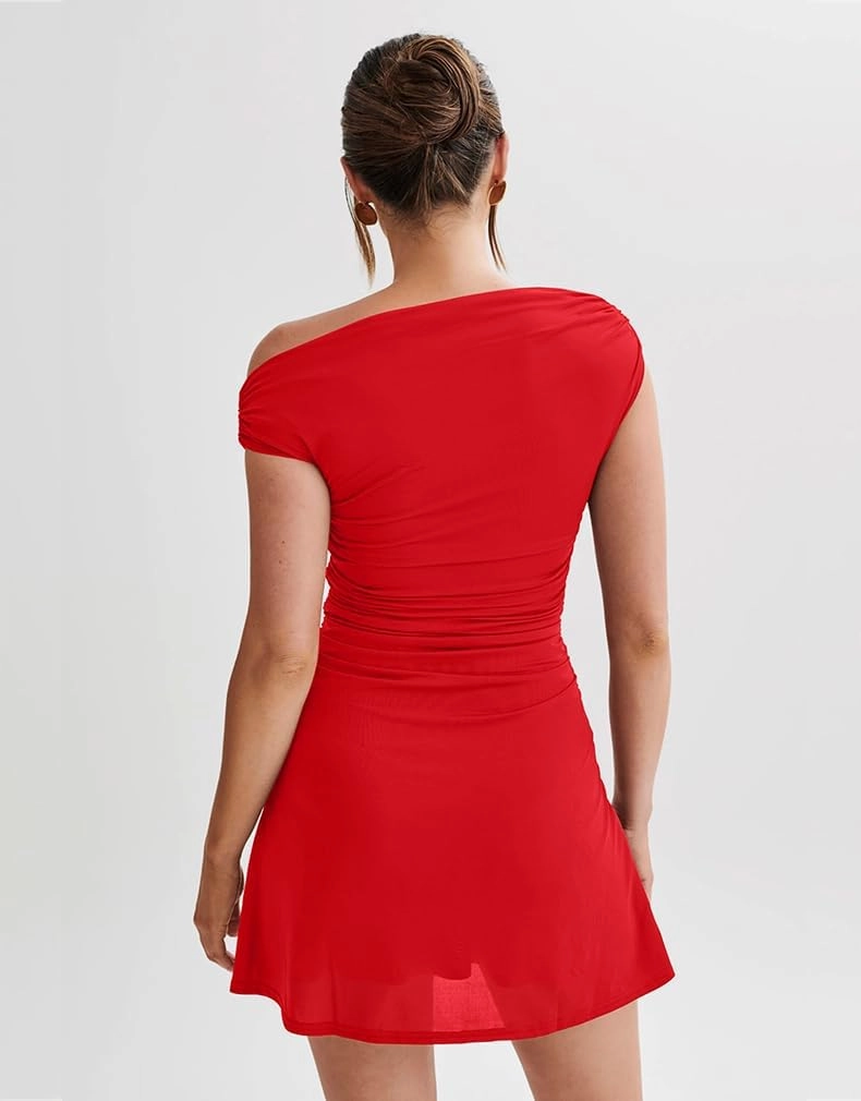 LAGSHIAN Women's Summer Off Shoulder Trendy Ruched Stretch Bodycon Cocktail Party Flare Mini Dress