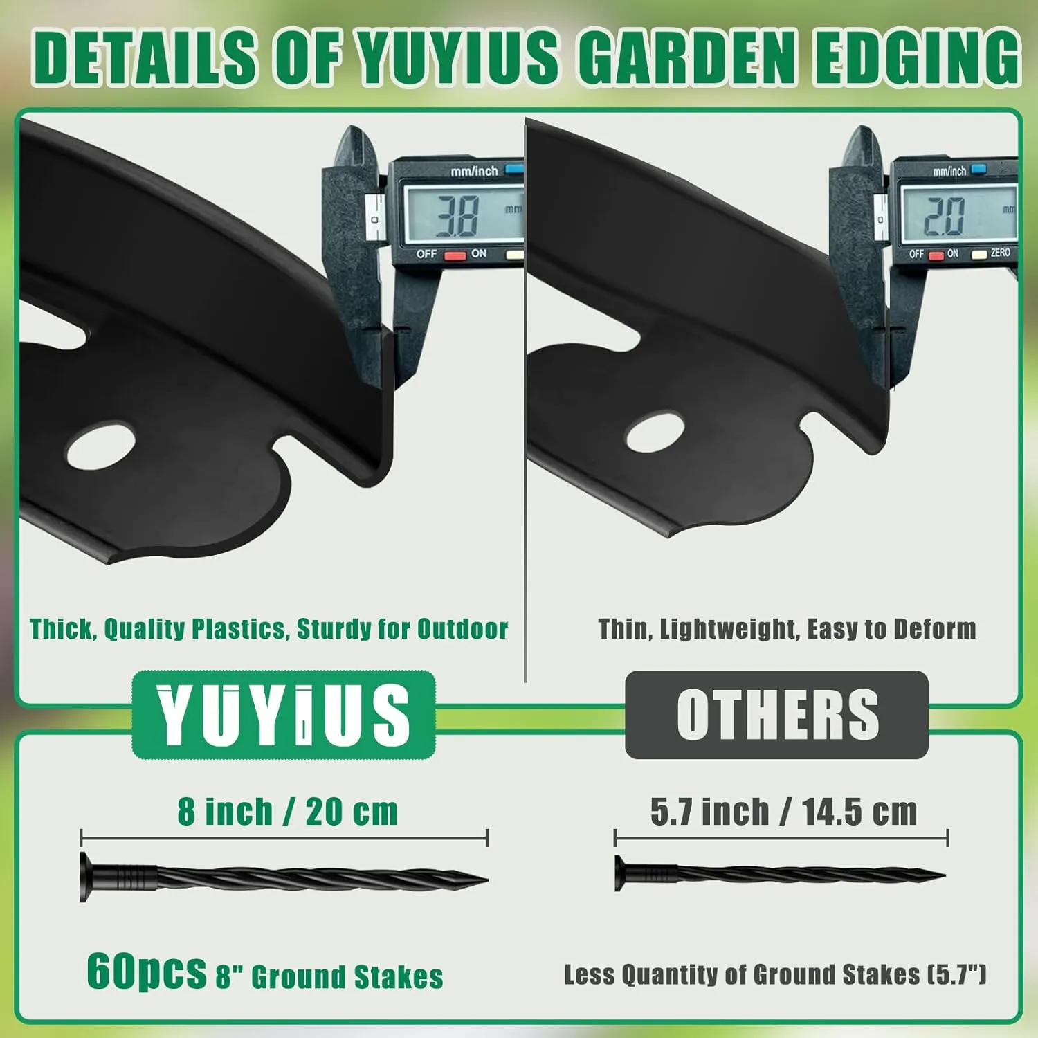 Landscape Edging - Garden Edging Border 40FT 2IN Tall with 60 Stakes, No Dig Lawn Edging for Landscaping for Garden Bed, Yard, 0.15" Thick Flower Bed Border Edging with Connector for Outdoor