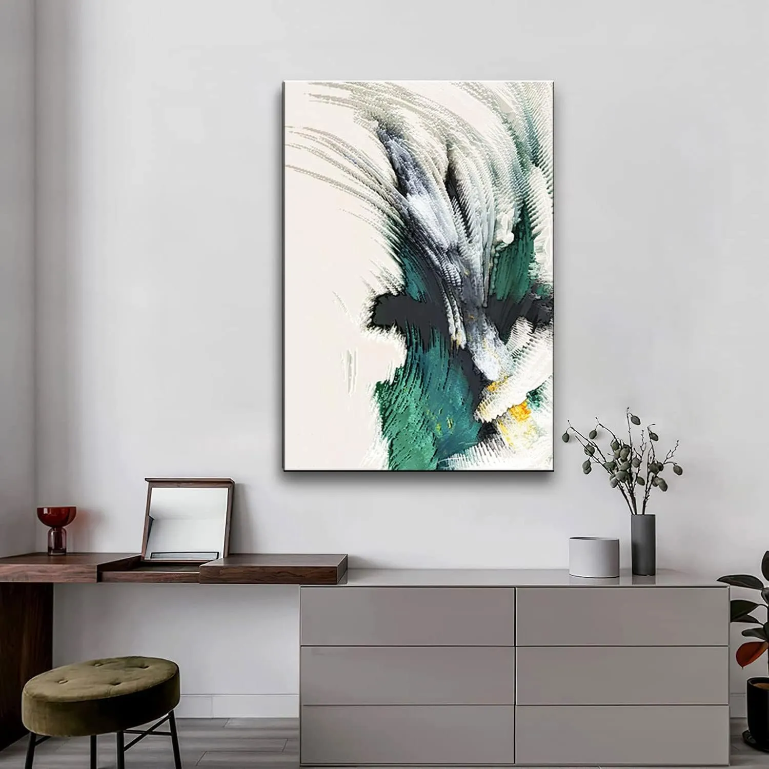 Large Framed Abstract White Green Canvas Wall Art Modern Line Decor Picture Emerald Green Texture Zen Prints Painting for Living Room Office Porch Stair Corner Ready to Hang