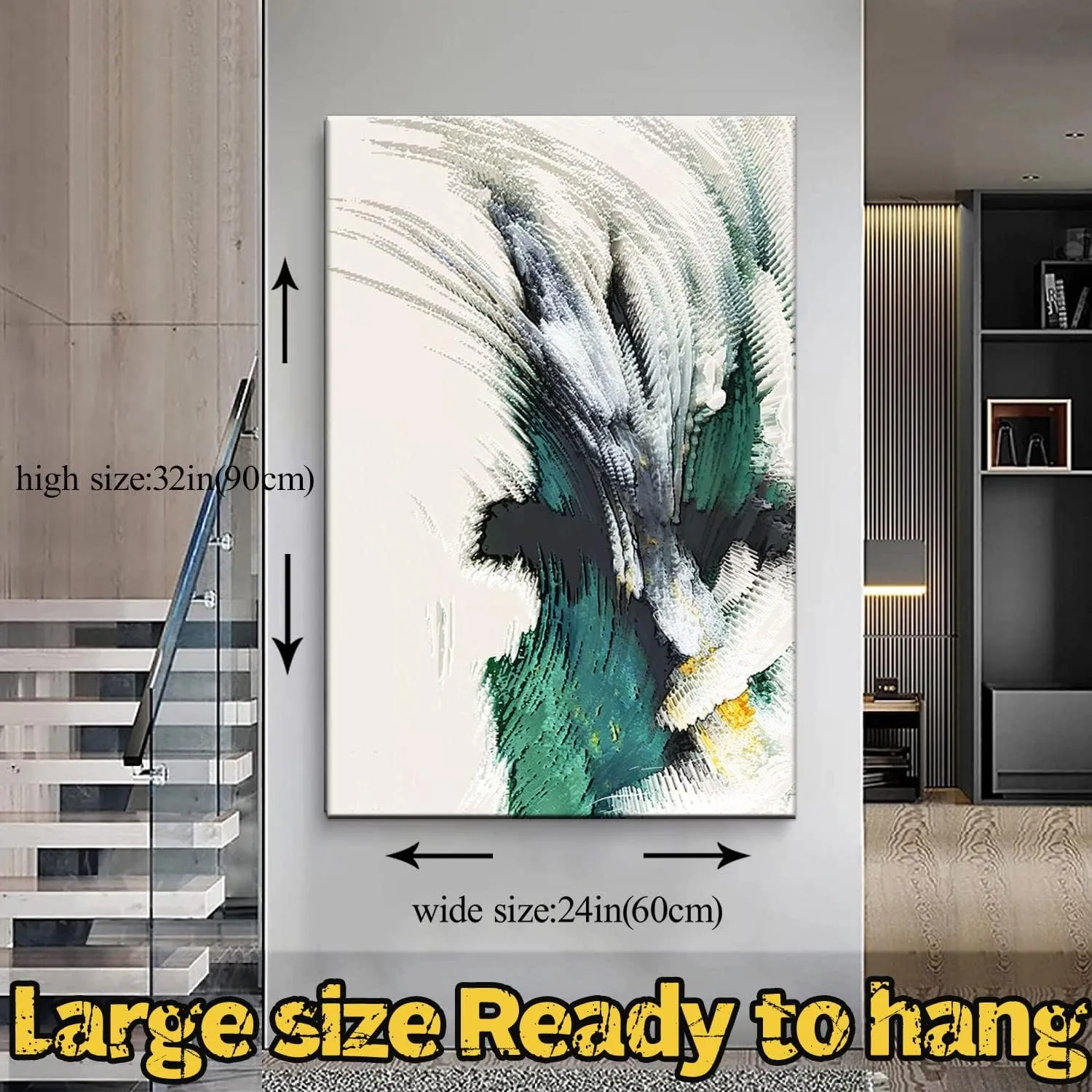 Large Framed Abstract White Green Canvas Wall Art Modern Line Decor Picture Emerald Green Texture Zen Prints Painting for Living Room Office Porch Stair Corner Ready to Hang