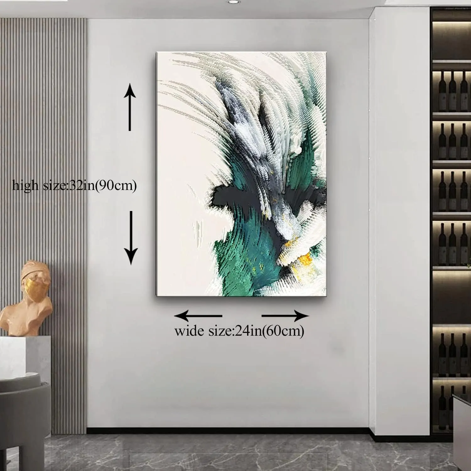 Large Framed Abstract White Green Canvas Wall Art Modern Line Decor Picture Emerald Green Texture Zen Prints Painting for Living Room Office Porch Stair Corner Ready to Hang