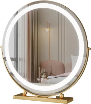 Large Round Mirror Lighted Makeup Mirror, LED Makeup Mirror With 3 Color Modes, 360°Rotation Vanity Mirror, Round Tabletop Desktop Smart Touch Control Lighted Up Mirror for Girl, Black, White(Gold,40c