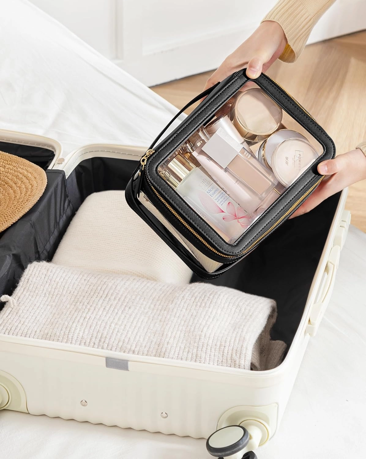 Large Clear Makeup Bag for Women, Portable Travel Makeup Bag Organizer Waterproof Toiletry Bag Cute Makeup Bags Cosmetic Bag Makeup Pouch, Black