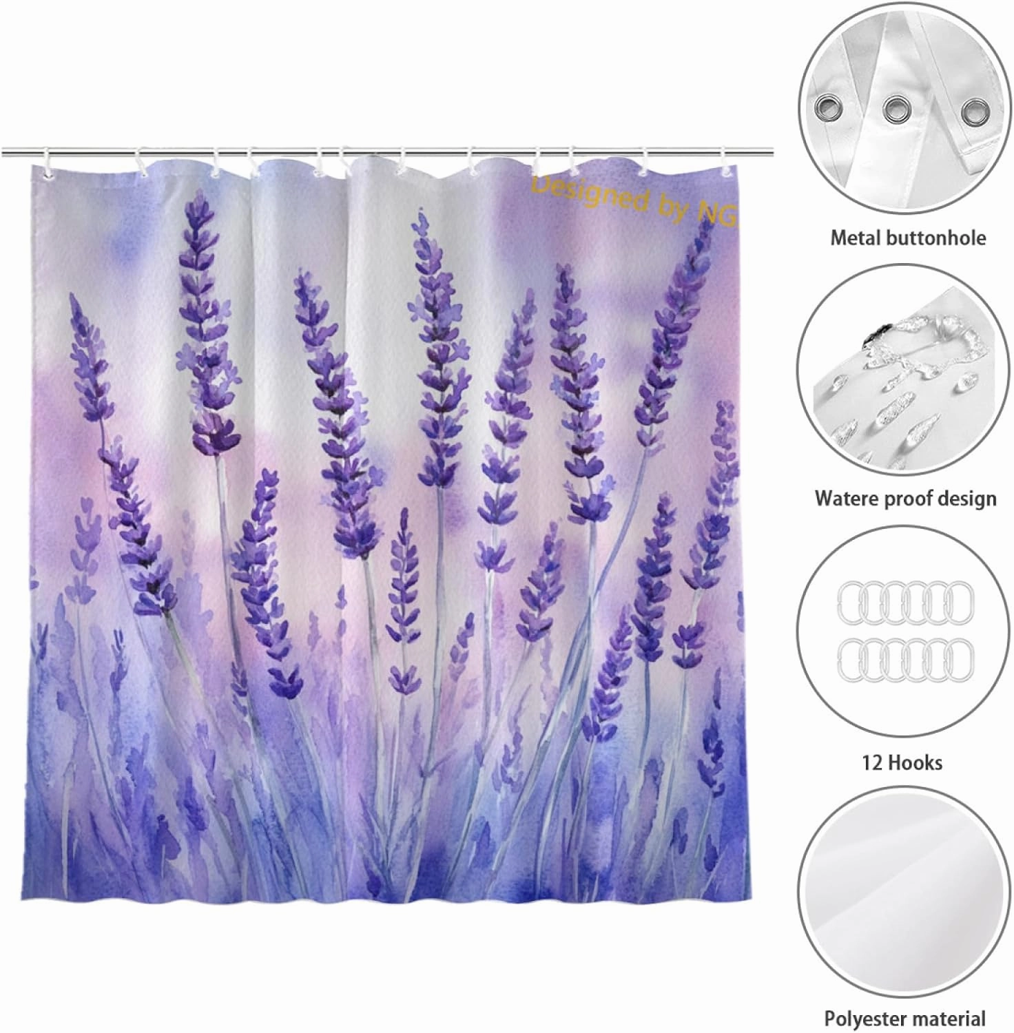 Lavender Purple Flowers Shower Curtain Durable Waterproof Fabric Bathtub Sets Home Fabric Bathroom Shower Curtain Set with Hooks 72x72 Inch