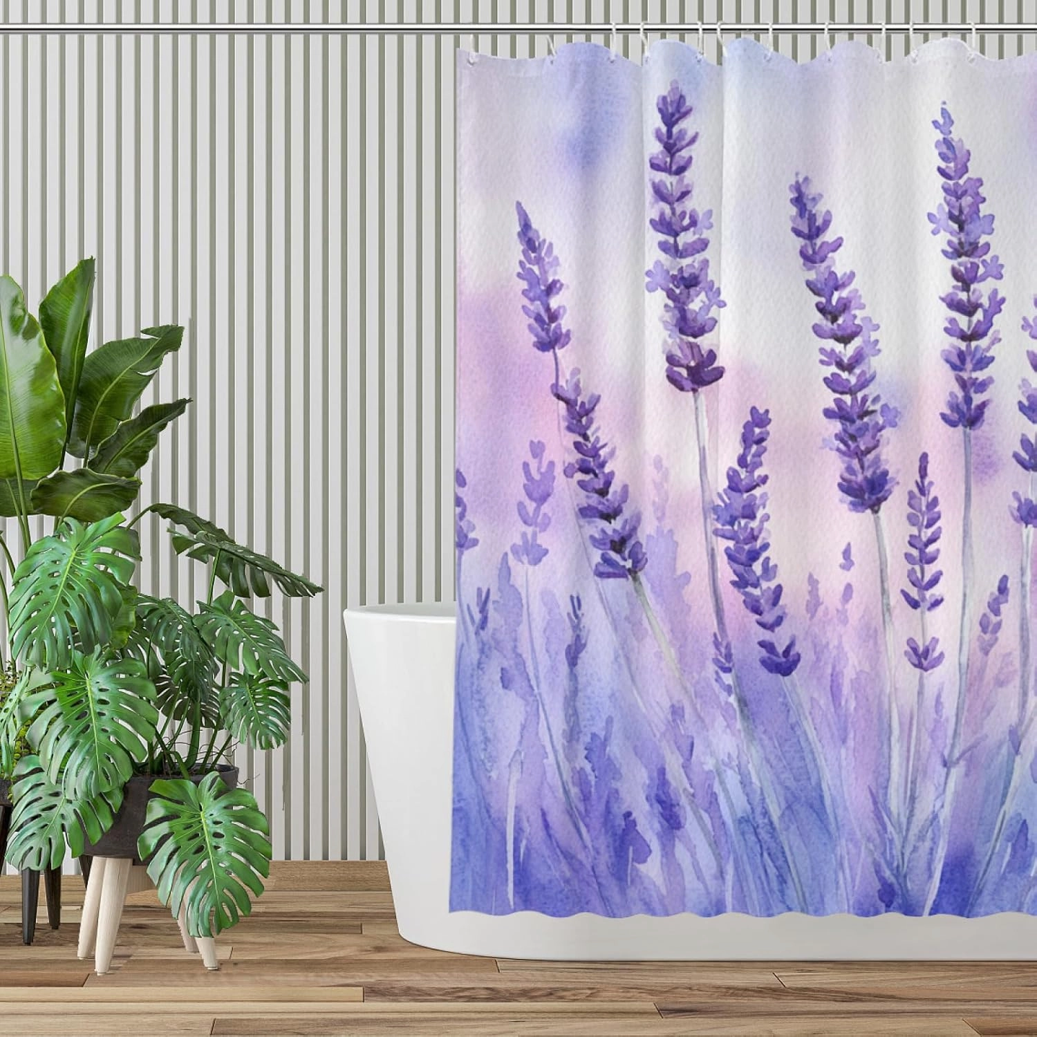 Lavender Purple Flowers Shower Curtain Durable Waterproof Fabric Bathtub Sets Home Fabric Bathroom Shower Curtain Set with Hooks 72x72 Inch
