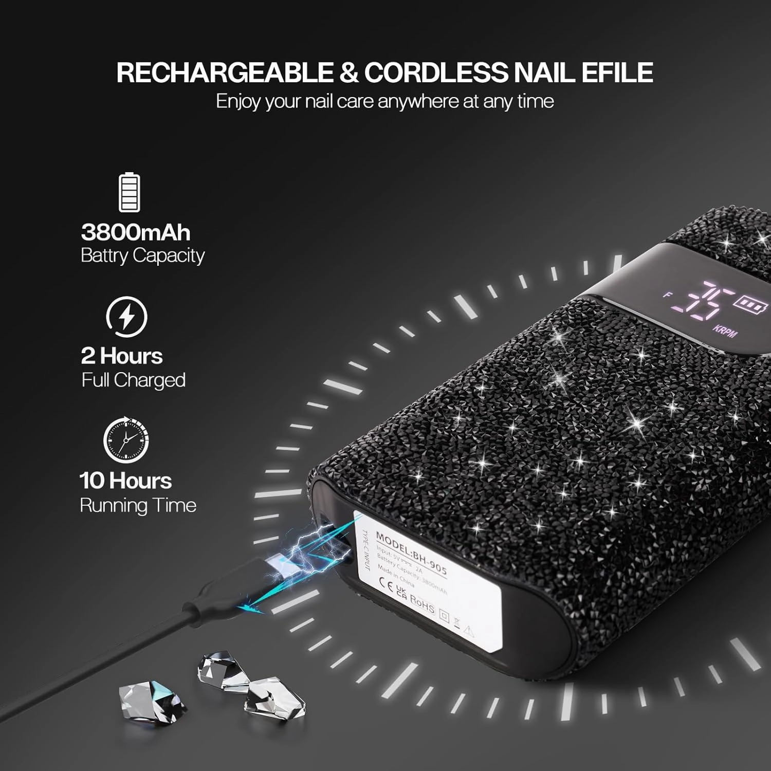 Lavinda Professional Electric Nail Drill Kit, 35000RPM Cordless Portable Machine for Acrylic Gel Nails, Rechargeable E File With Black Rhinestones, Manicure Tools (Black)