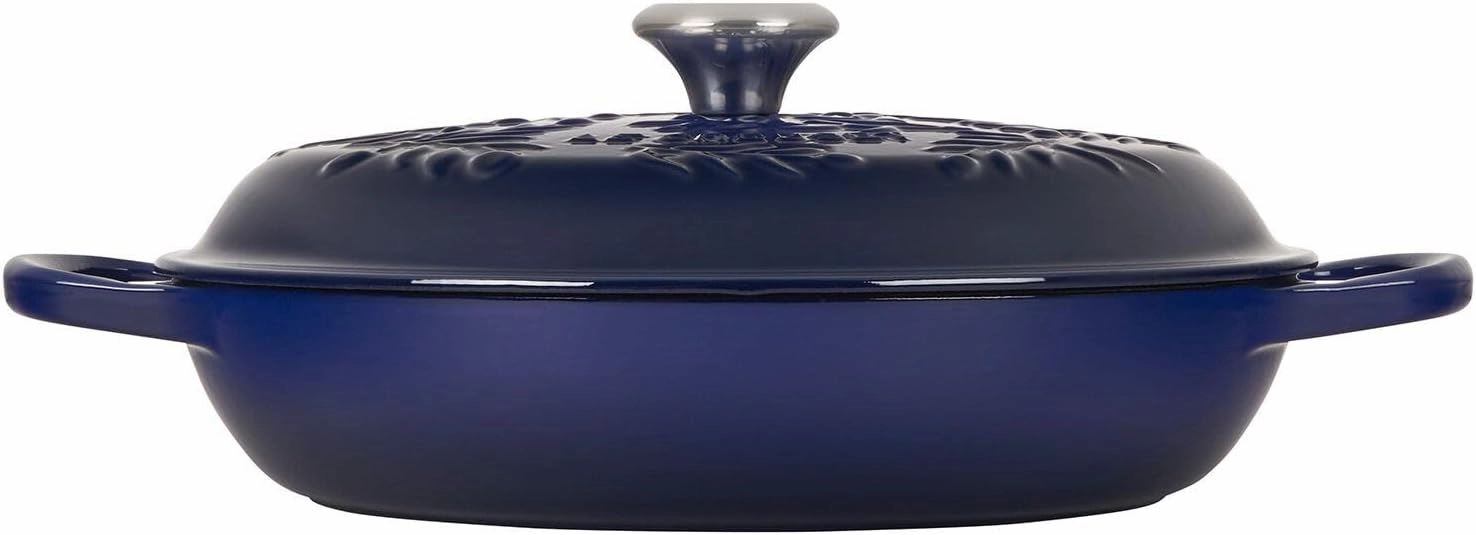 Le Creuset Olive Branch Collection Enameled Cast Iron Signature Braiser, 3.5 qt., Indigo with Embossed Lid