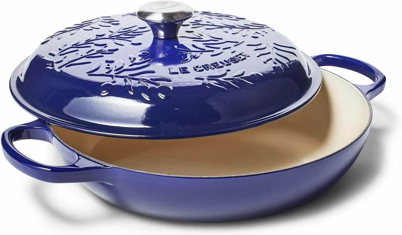 Le Creuset Olive Branch Collection Enameled Cast Iron Signature Braiser, 3.5 qt., Indigo with Embossed Lid