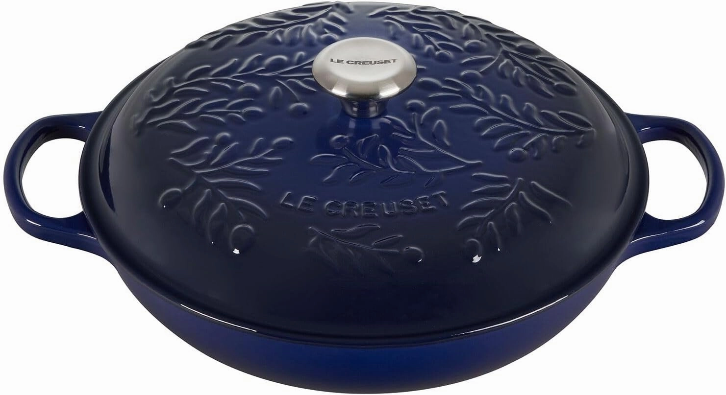 Le Creuset Olive Branch Collection Enameled Cast Iron Signature Braiser, 3.5 qt., Indigo with Embossed Lid