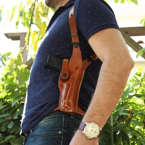 Leather Vertical Shoulder Holster System with Double Magazine Carrier for CZ Shadow 2 Compact 9mm 4" Barrel, Right Hand Draw, Brown Color #1674#