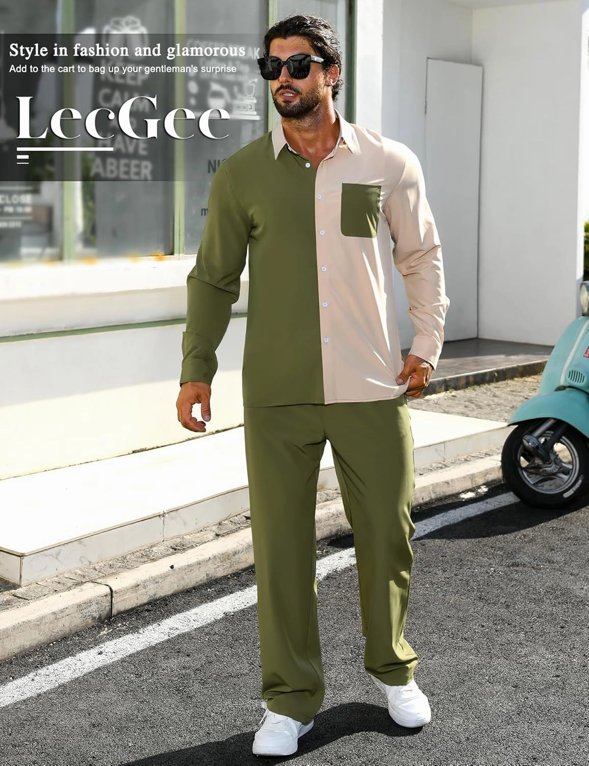LecGee Mens 2 Piece Color Block Outfits Casual Long Sleeve Button Down Color Block Shirts and Pants Matching Set Sweatsuit