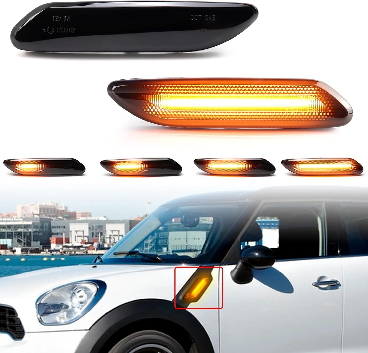 LED Front Fender Side Marker Lights for 2011-2016 Mini Cooper R60 R61 Countryman Paceman, Smoked Lens Amber Sequential Turn Signal Blinker Lamp