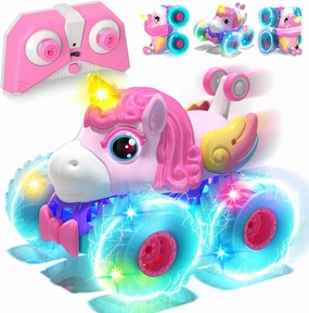 Lehoo Castle Remote Control Car for Girls 360° Rotating, Unicorn Monster Truck Toys with LED Lights, 4WD All Terrain RC Stunt Car Rechargeable, 2.4GHz RC Truck for 3 4 5 6 7 8 Girls Birthday Gift