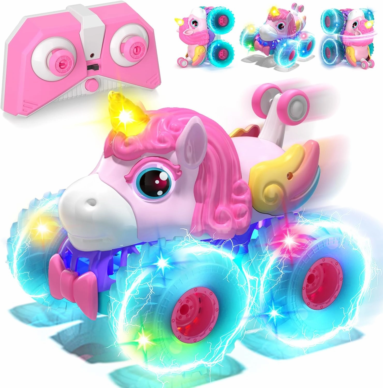 Lehoo Castle Remote Control Car for Girls 360° Rotating, Unicorn Monster Truck Toys with LED Lights, 4WD All Terrain RC Stunt Car Rechargeable, 2.4GHz RC Truck for 3 4 5 6 7 8 Girls Birthday Gift
