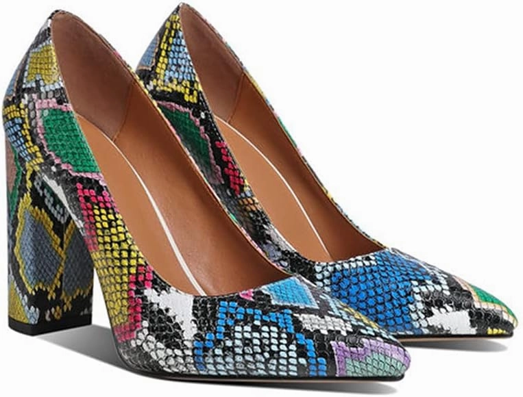 LEHOOR Women Chunky High Heel Pumps Pointed Toe Animal Print Suede Closed Toe Sandals 4 Inch Block Heel Slip On Dress Pumps Shoes Sexy Chic Office Ladies Evening Party 4-11 M US
