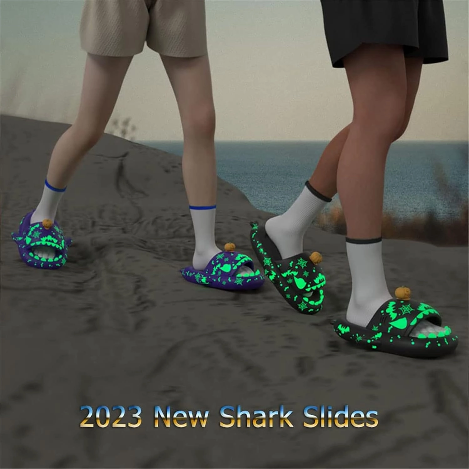 LELEBEAR Luminous Shark Slippers, Spooky Glow In The Dark Slides For Men & Women, Christmas Shark Slides