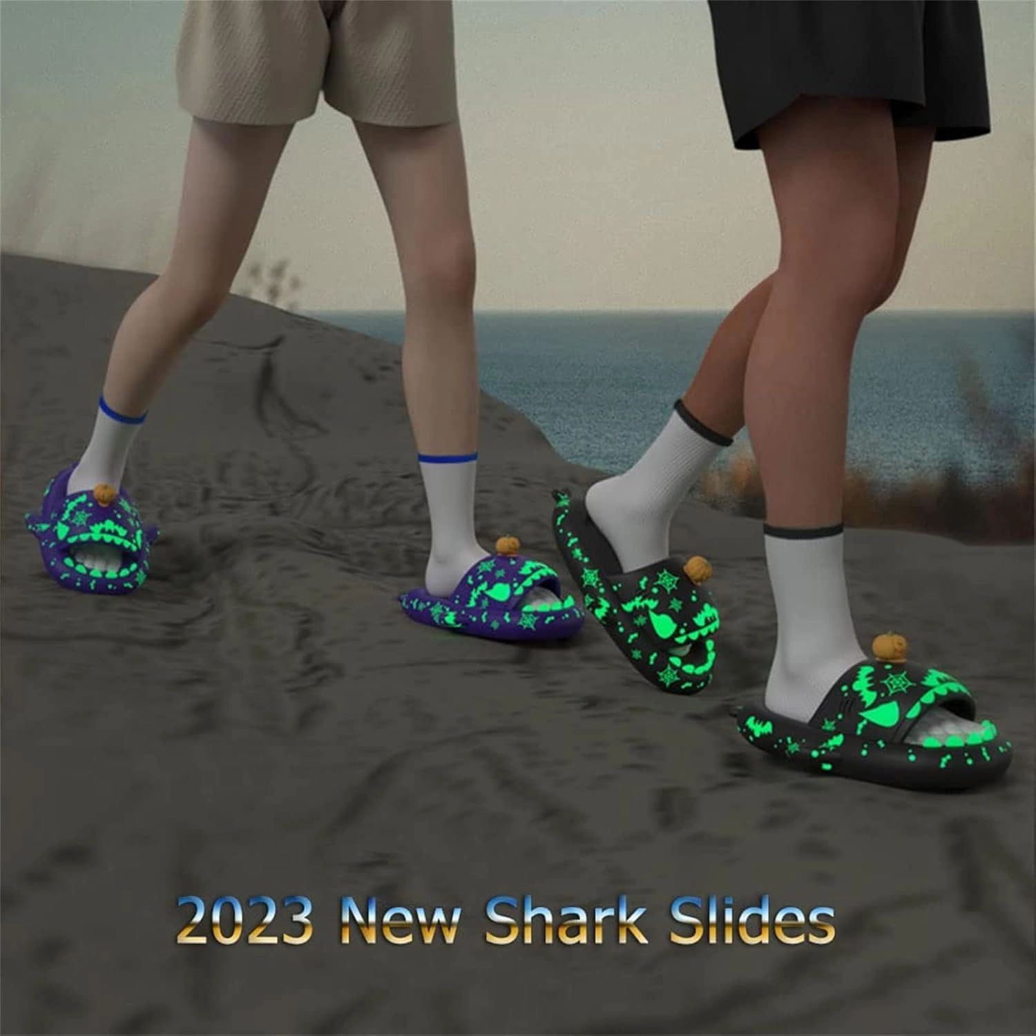 LELEBEAR Luminous Shark Slippers, Spooky Glow In The Dark Slides For Men & Women, Christmas Shark Slides