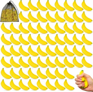 Leyndo 100 Pcs Banana Stress Relief Toys Fidget Anxiety Toys Tiny Foam Banana Mini Fidget Mini Stress Balls with Storage Bag for Adult Anxiety Relief School Carnival Reward Party Favors Supplies