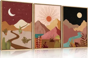 LHIUEM Modern Boho Framed Canvas Wall Art Set Colorful Moon and Sun Desert Art Painting Nature Southwest Landscapes Artwork,Rustic Mountain Wall Decor for Living Room,Bedroom,Office-16''x24''x3