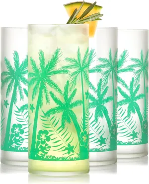 Libbey Vintage Palms Drinking Glasses Set of 4, Colorful, Retro Palm Tree Design Glass Cups Set, Dishwasher Safe Water Glasses Set for Cocktails