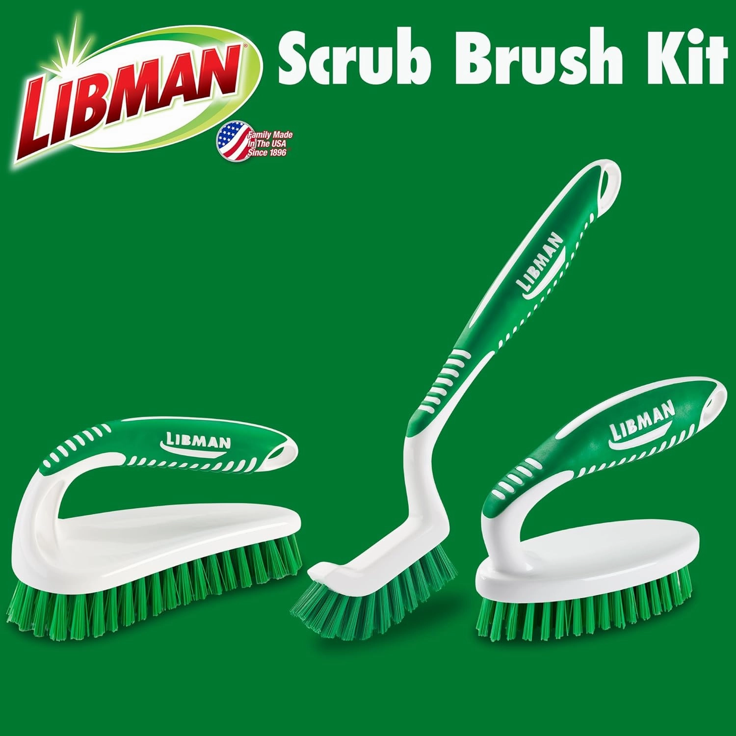 Libman Scrub Brush Kit – Three Different Durable Brushes for Grout, Tile, Bathroom, Kitchen. Easy to Handle, Strong Fibers for Tough Messes – Family Made in the USA, Unisex Lot 2406