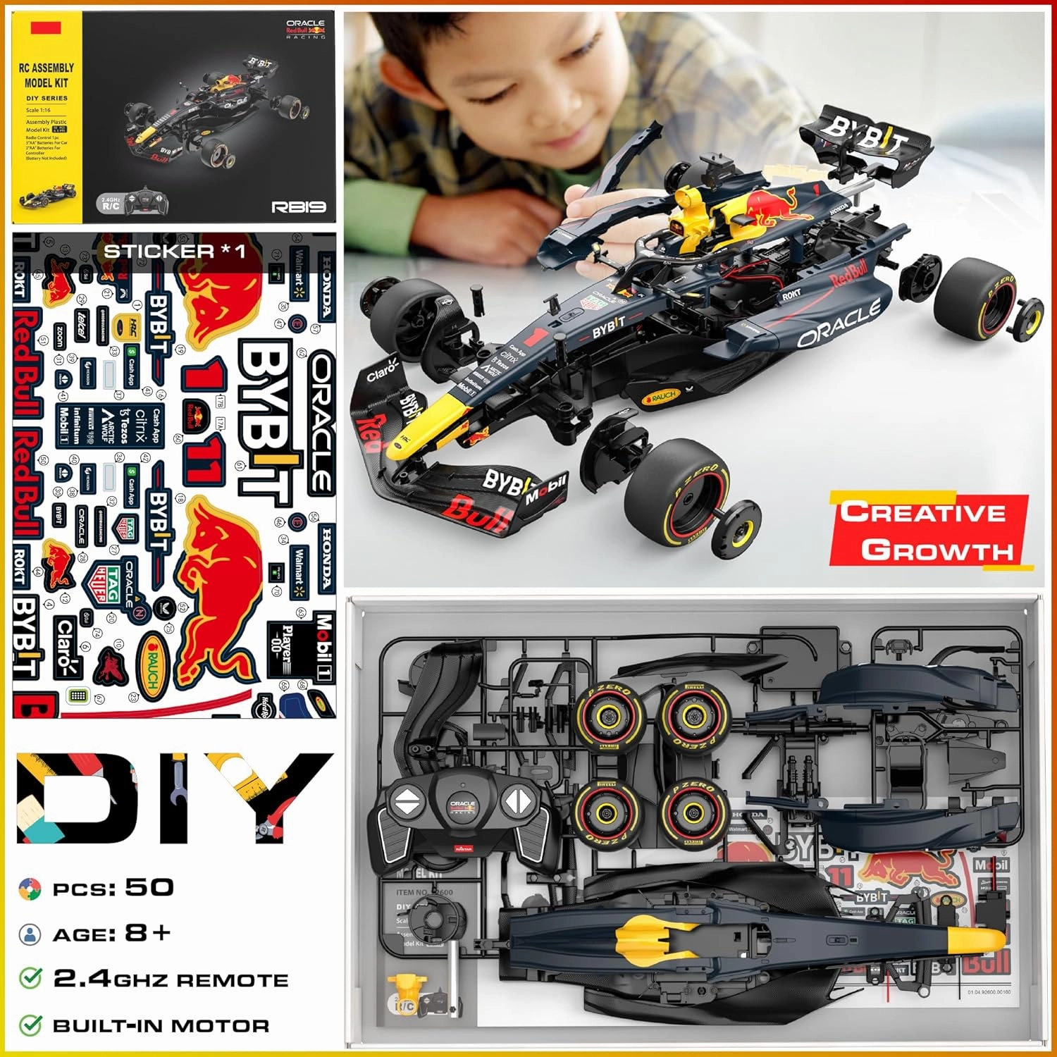 Licensed Red Bull F1 RB19 RC Car Building Kit 1/16 Scale Supercar Assembly Set with Remote Controller, Licensed Model, 55 Pieces, STEM Kits for Kids and Adults, Ages 8  (RedBull RB19)