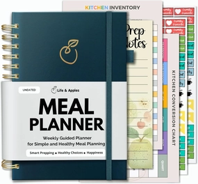 Life & Apples Meal Planner with Grocery List - Weekly Menu Plan and Prep, Healthy Diet and Weight Loss Tracking, 1 Year Undated Meal Planning Notebook, 5 X 8 Inch Spiral Notebook, Teal Blue