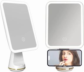 Lighted Makeup Mirror, LED Vanity Mirror with 3-Level Dimmable, Rechargeable Makeup Mirror Touch Control, 360°Rotation Portable Travel Desk Mirror for Makeup, Skincare, Gift for Women Girls (White)