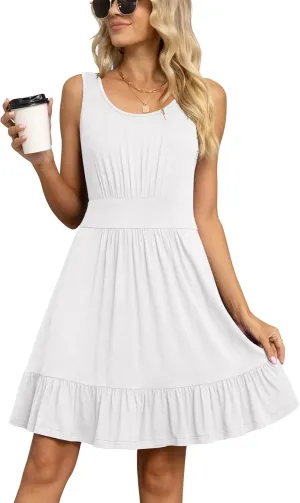 LILBETTER Women's Summer Casual U Neck Sundresses Pleated Knee Length Sleeveless Tank Dress
