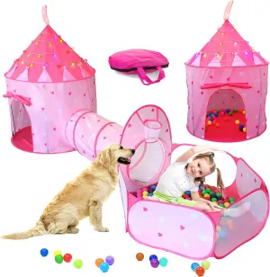 LimitlessFunN 4pc Princess Kids Pop Up Play Tent, Crawl Tunnel, Ball Pit | Includes Star Lights & Carrying Case |, Children Indoor Castle Playhouse for Girls, Toddlers, 47" D x 126" W x 53" H