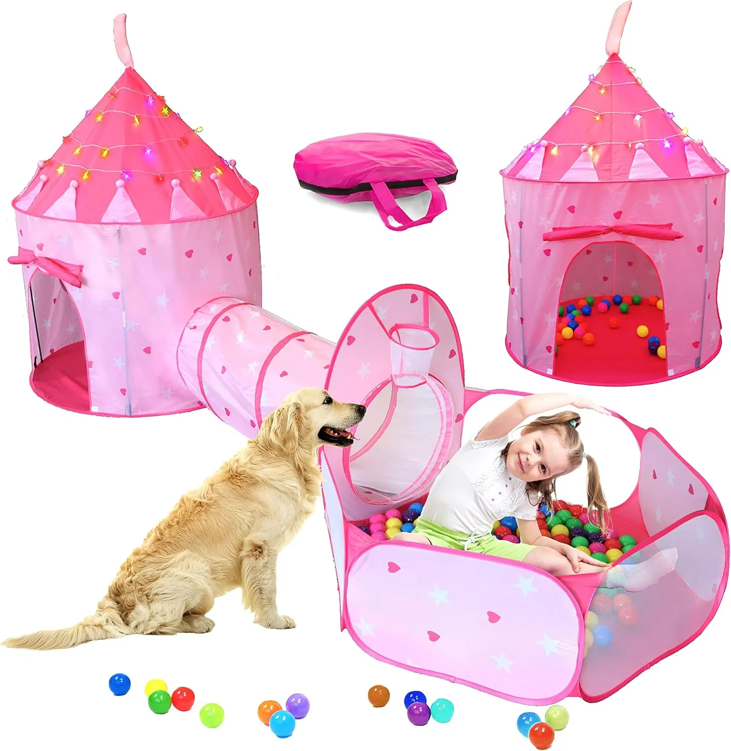 LimitlessFunN 4pc Princess Kids Pop Up Play Tent, Crawl Tunnel, Ball Pit | Includes Star Lights & Carrying Case |, Children Indoor Castle Playhouse for Girls, Toddlers, 47" D x 126" W x 53" H