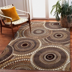 Liora Manne Marina Indoor/Outdoor Power Loomed Synthetic Blend Low Profile Area Rug - Transitional Geometric Casual Medallion Colorful (Circles Brown) (8'10" x 11'9")