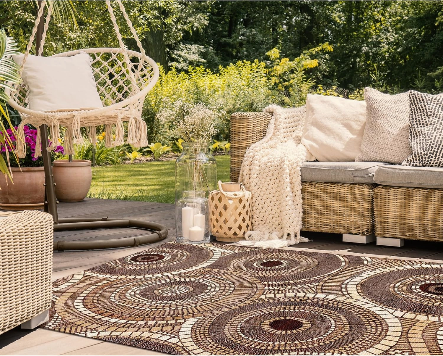 Liora Manne Marina Indoor/Outdoor Power Loomed Synthetic Blend Low Profile Area Rug - Transitional Geometric Casual Medallion Colorful (Circles Brown) (8'10" x 11'9")