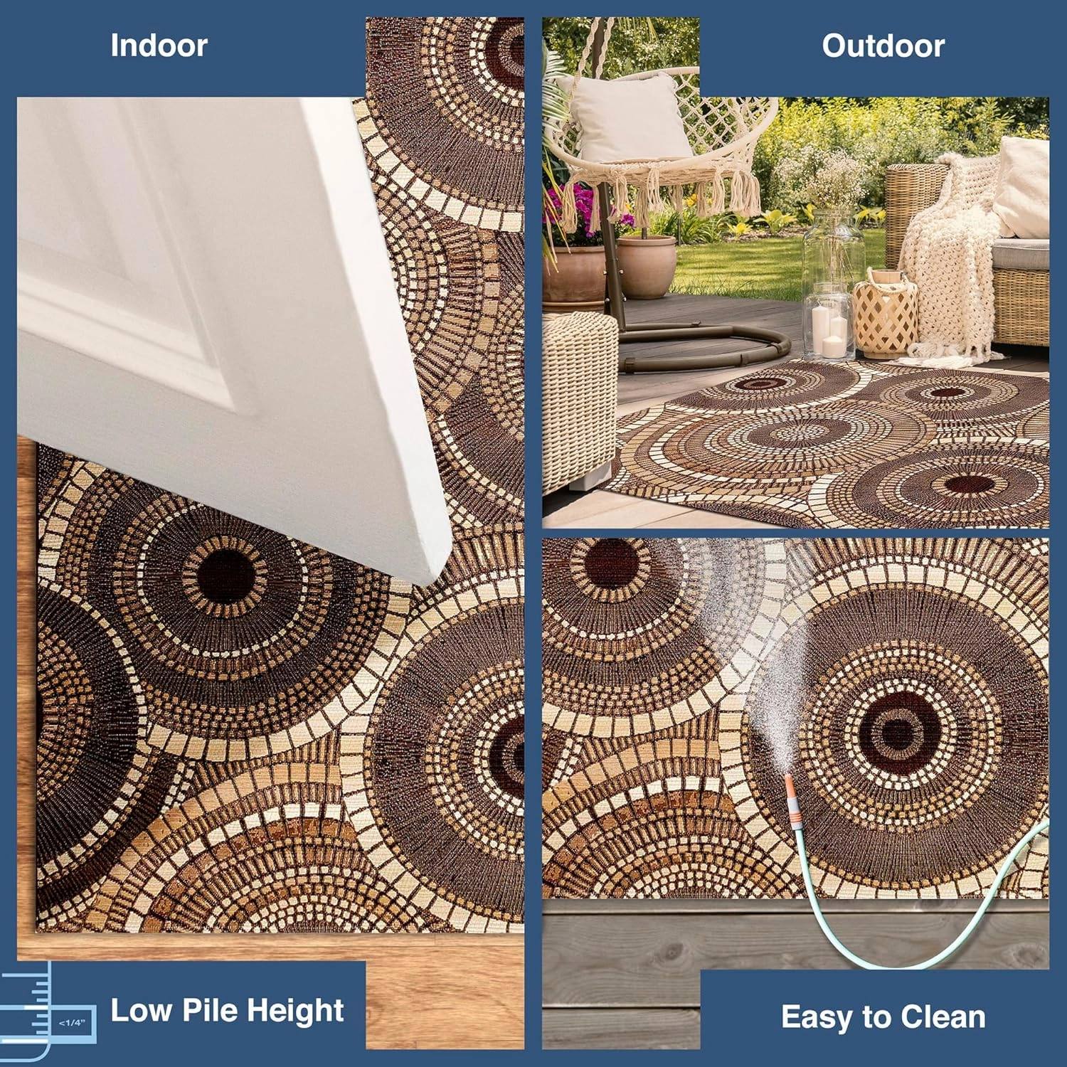 Liora Manne Marina Indoor/Outdoor Power Loomed Synthetic Blend Low Profile Area Rug - Transitional Geometric Casual Medallion Colorful (Circles Brown) (8'10" x 11'9")