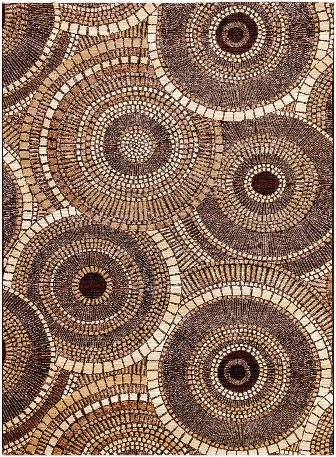 Liora Manne Marina Indoor/Outdoor Power Loomed Synthetic Blend Low Profile Area Rug - Transitional Geometric Casual Medallion Colorful (Circles Brown) (8'10" x 11'9")