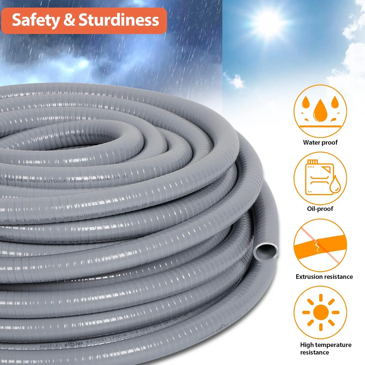 Liquid-Tight Conduit 100 ft and 10 Pieces of Connector Kit, Electrical Conduit 3/4 100ft w/UL Certification, Flexible Conduit with 5 Straight and 5 90-Degree Conduit Connector Fittings
